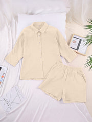 Gauze cotton resort shirt and shorts set in Tan, featuring a button-down shirt and elastic waist shorts.