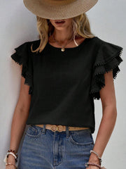 Black ruffle sleeve blouse with pom-pom trim and crew neck.