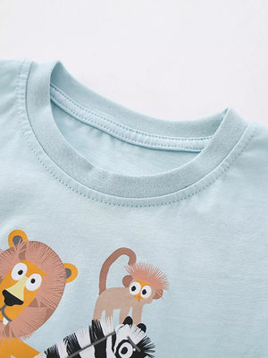Light blue cotton baby tee with safari animal print and crew neck.