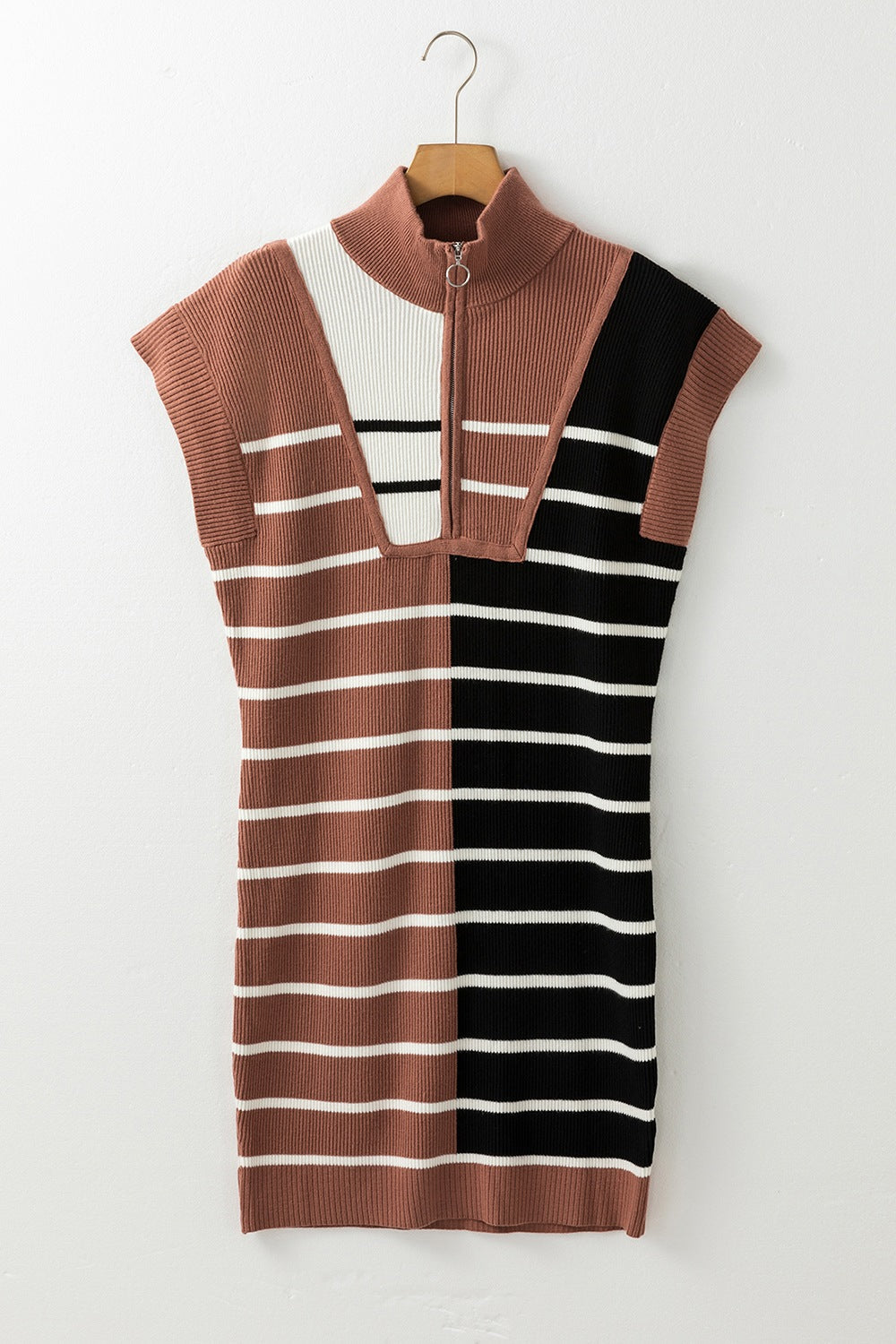 Colorblock ribbed zip-neck mini dress with horizontal stripes and cap sleeves.
