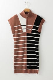 Colorblock ribbed zip-neck mini dress with horizontal stripes and cap sleeves.