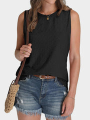 Black textured sleeveless shell top with a crew neck.