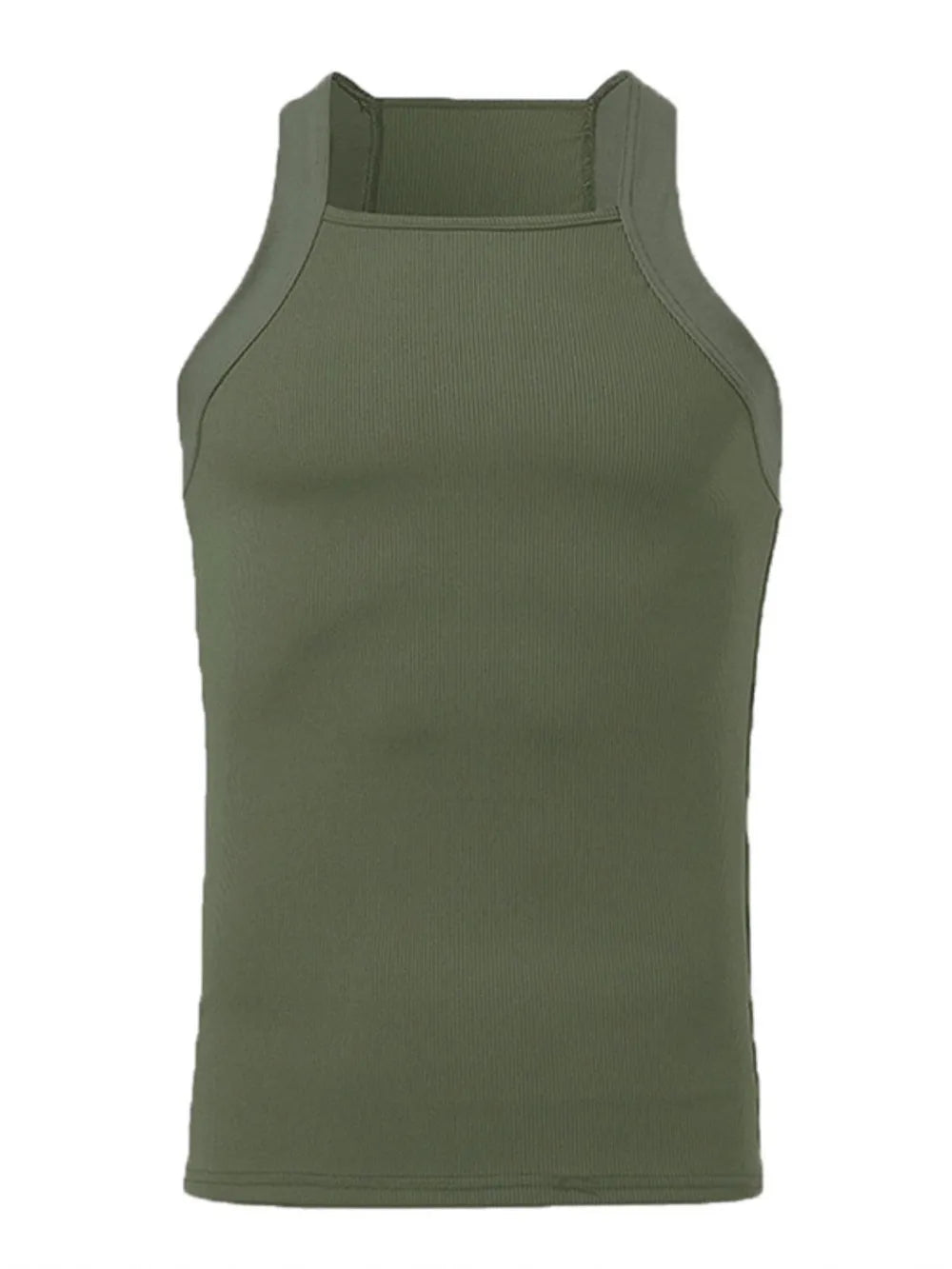 Army green ribbed tank top with a square neckline and high neck.