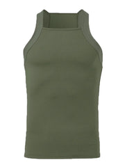 Army green ribbed tank top with a square neckline and high neck.