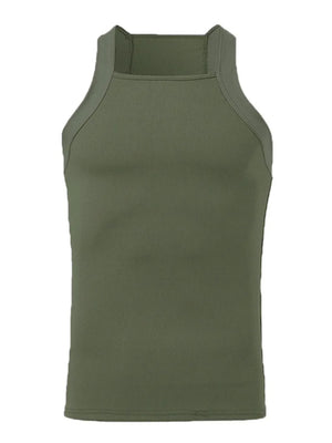 Army green ribbed tank top with a square neckline and high neck.