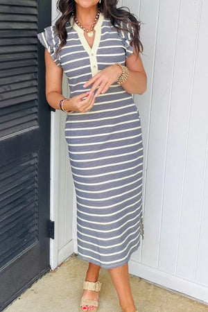 Navy stripe midi dress with ruffled cap sleeves, buttoned V-neck, and pockets.