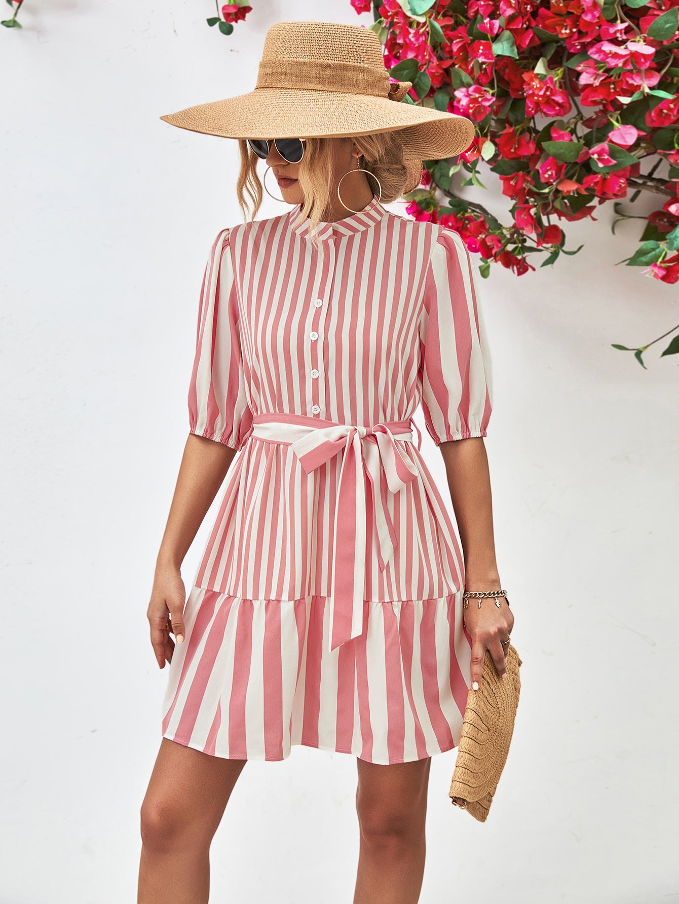 Blush pink and white striped shirred waist dress with tie belt and tiered skirt.