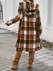 Brown plaid hooded duster coat with buttoned closure and A-line cut.