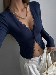 Lace Trim V-neck Ribbed Long Sleeve Blouse in Dark Blue, editorial view