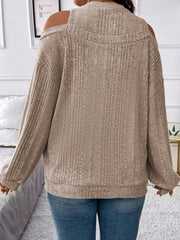 Ribbed mock neck cold shoulder top in mocha with long sleeves.