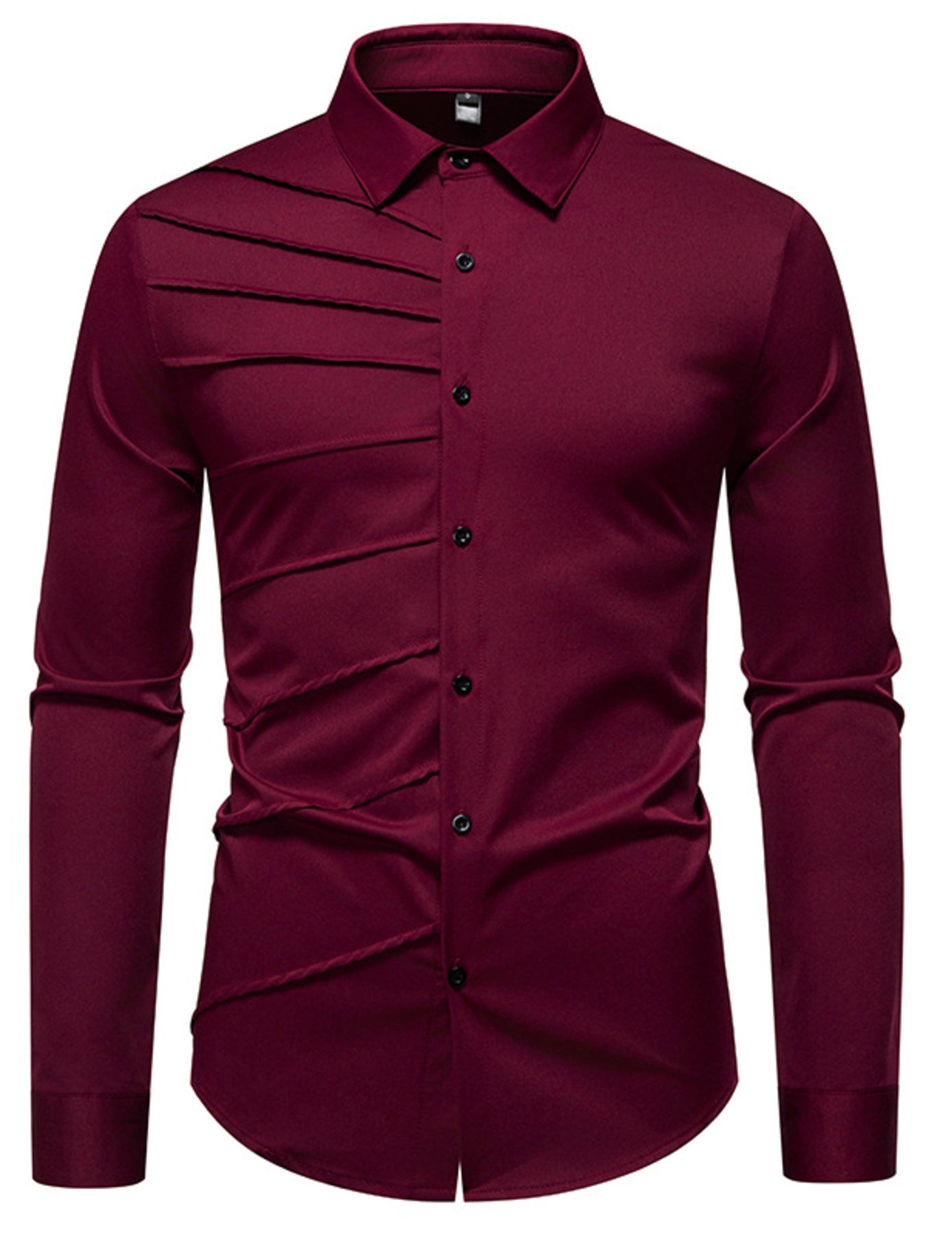 Wine red cotton long sleeve shirt with asymmetrical ruching detail and button front.