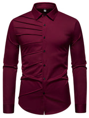Wine red cotton long sleeve shirt with asymmetrical ruching detail and button front.