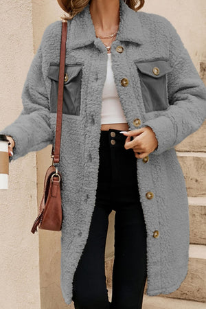 Gray sherpa coat with corduroy patch pockets and button front.