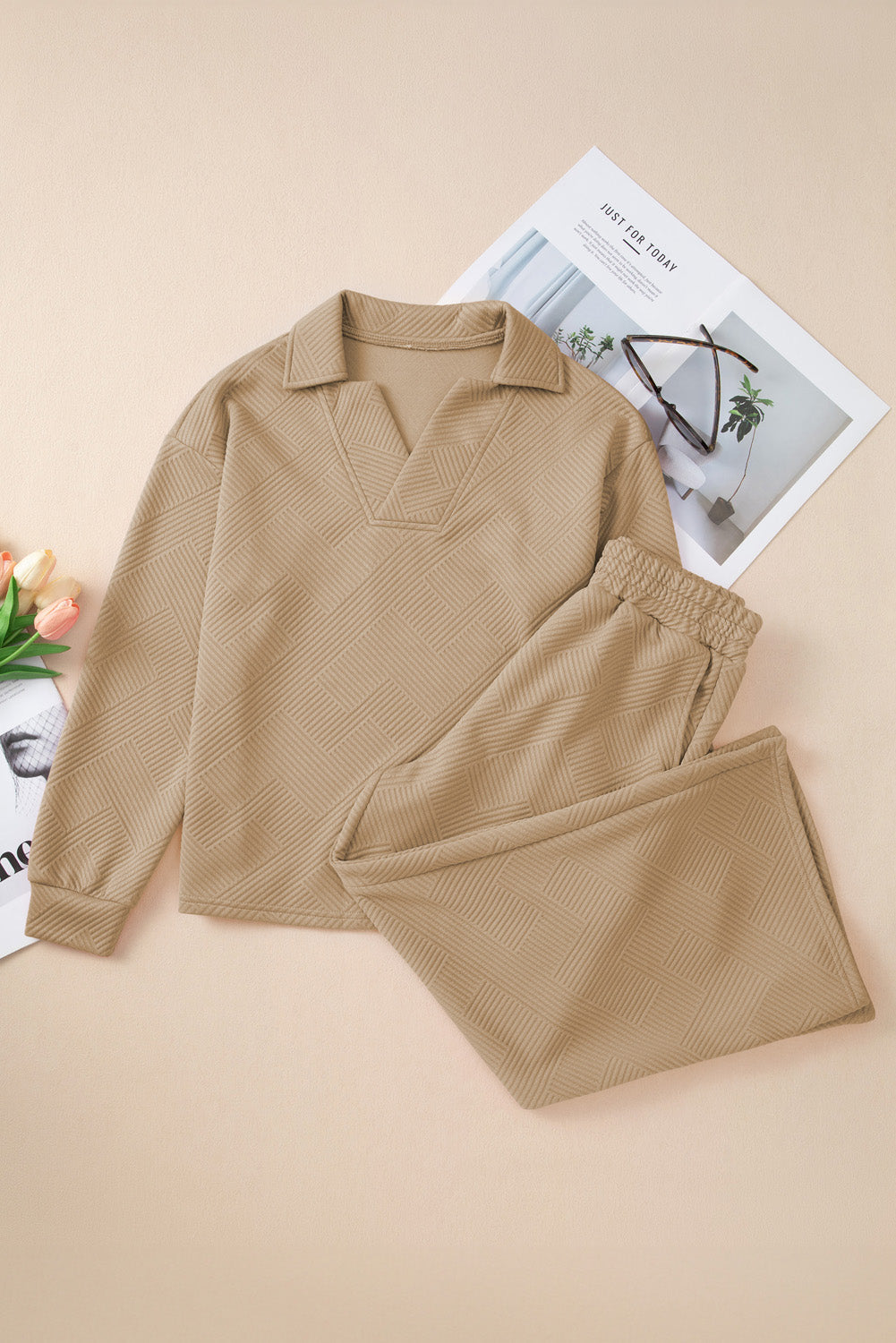 Tan textured polo shirt and wide-leg culottes outfit set