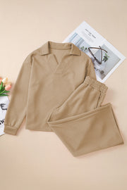 Tan textured polo shirt and wide-leg culottes outfit set