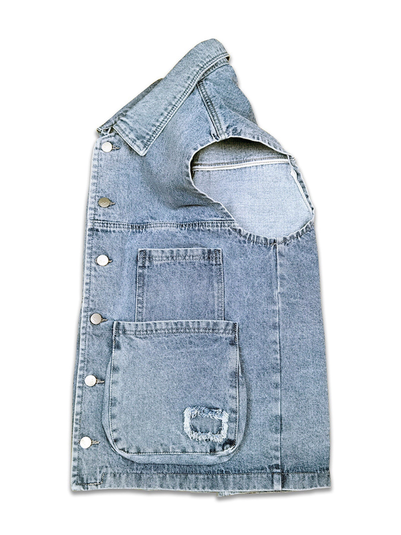 Light blue denim vest with distressed pocket detail and button closure.