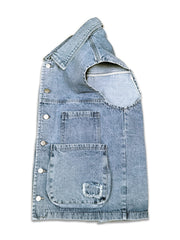 Light blue denim vest with distressed pocket detail and button closure.