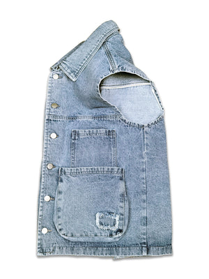 Light blue denim vest with distressed pocket detail and button closure.