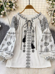 Bohemian Embroidered Blouse With Tassel Tie in White, model styling view