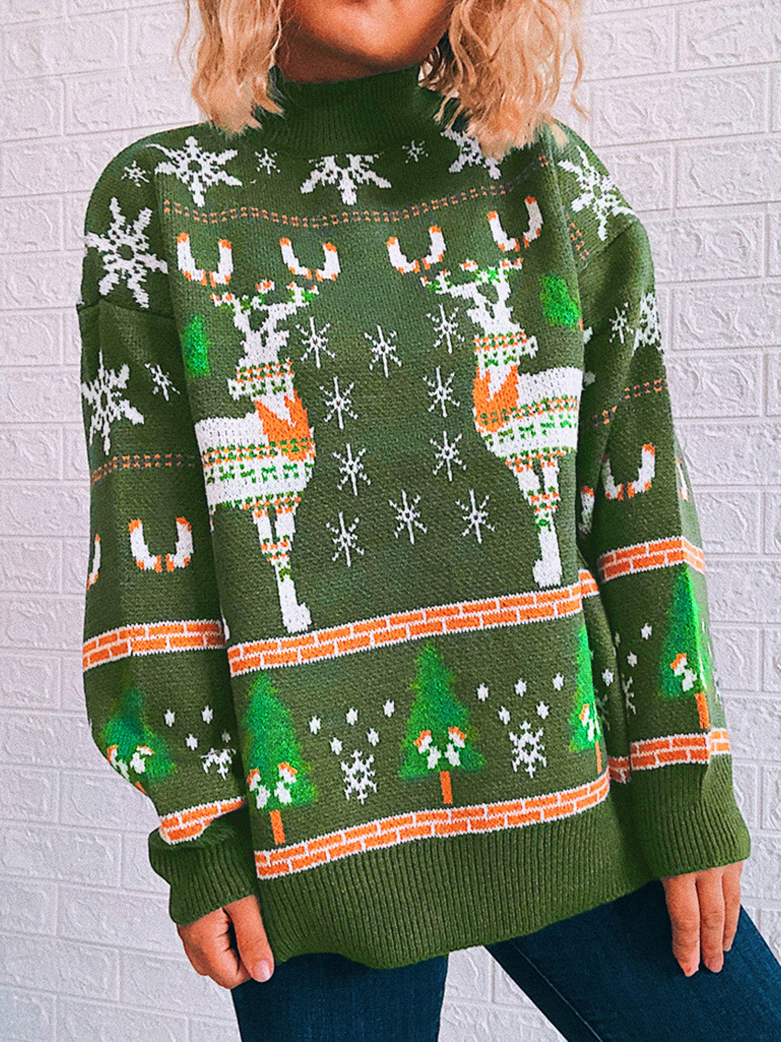 Green acrylic turtleneck sweater with reindeer, snowflake, and Christmas tree intarsia knit pattern.