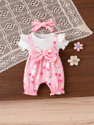 Children's Bow Duck Print Romper With Headband in Pink, close-up detail
