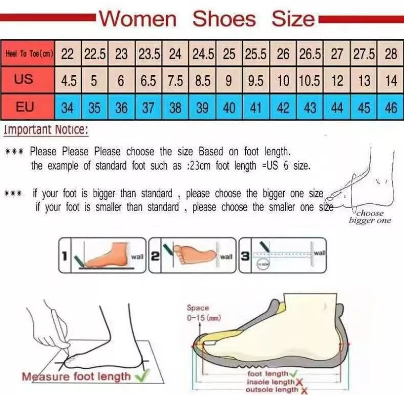 Women's shoe size chart with measurement guide for foot length.