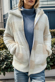 Sherpa zip-up jacket with hood in cream and tan plaid, featuring pockets.