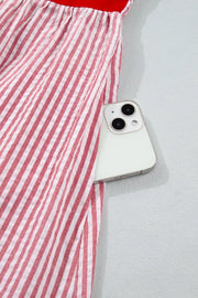 Maxi dress with red and white stripes, cotton fabric, and a hidden pocket for a phone.
