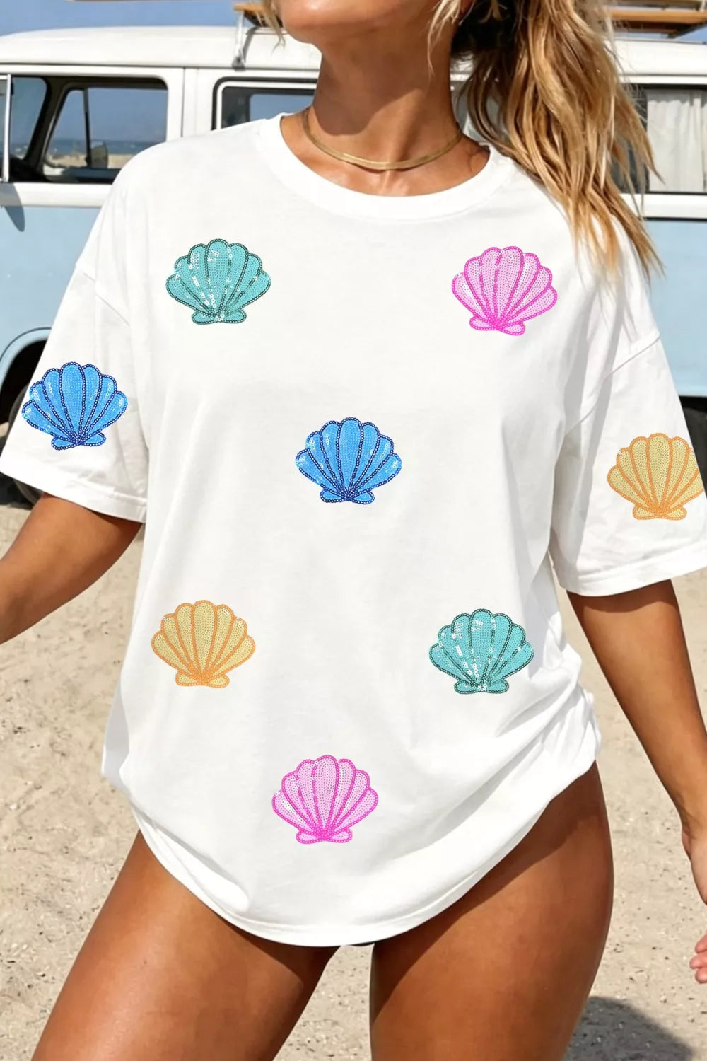 White polyester t-shirt with colorful sequin shell graphic print