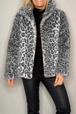 Leopard print faux fur collar coat in gray with a relaxed fit.