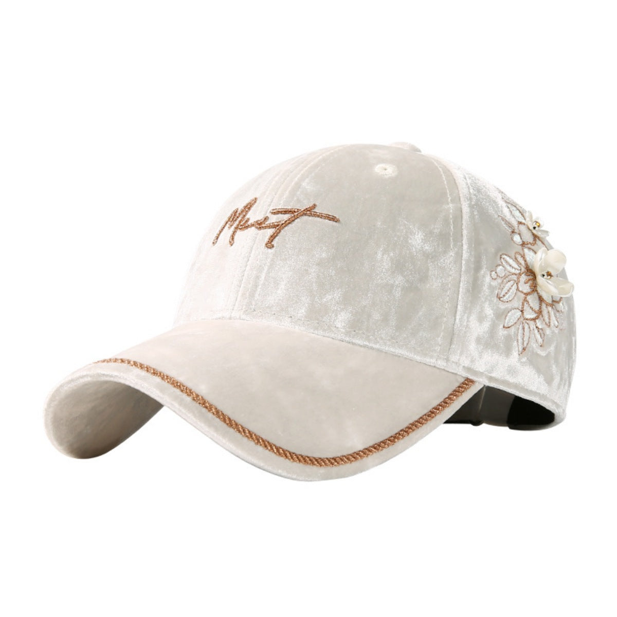 Ivory velvet baseball cap with embroidered floral detail and braided rope trim.