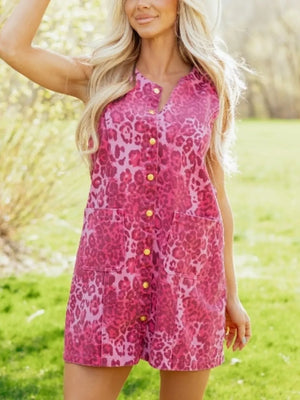 Leopard Denim Buttoned Shift Sleeveless Dress in Hot Pink, close-up detail