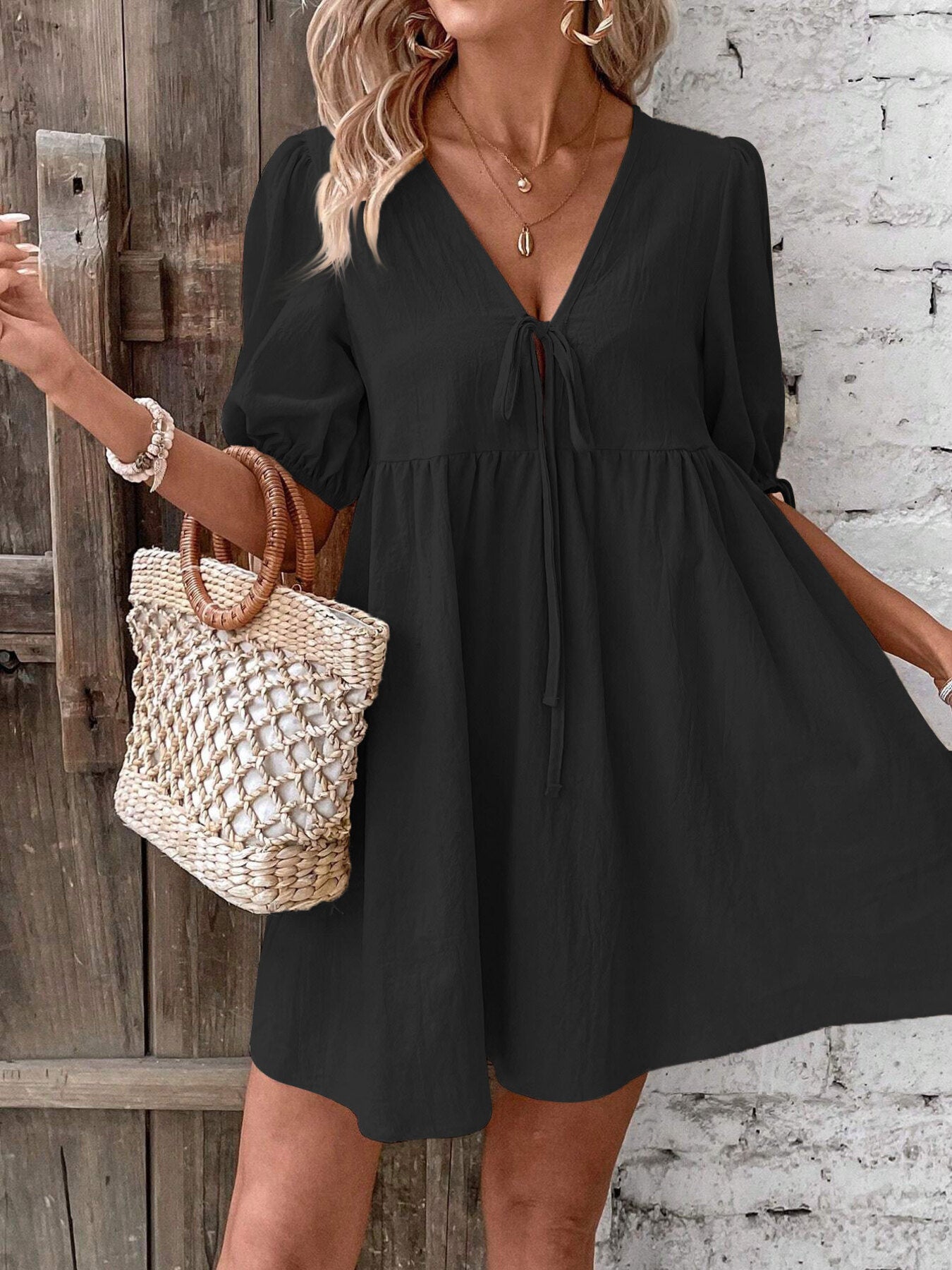 Black tie front puff sleeve mini dress with v-neck