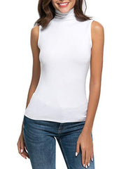 White sleeveless turtleneck t-shirt with a fitted silhouette.