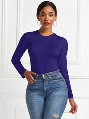 Dark Blue ribbed jersey bodysuit with long sleeves and a crew neck.
