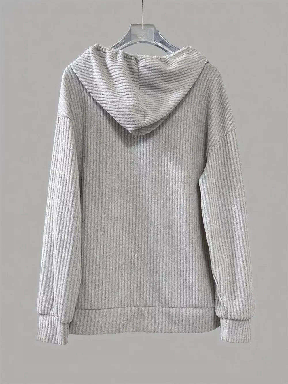 Light Gray ribbed knit button-front hoodie with drawstring and cuffed sleeves.