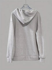 Light Gray ribbed knit button-front hoodie with drawstring and cuffed sleeves.