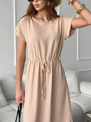 Casual Drawstring Waist Midi Dress in Deep Rose, model styling view
