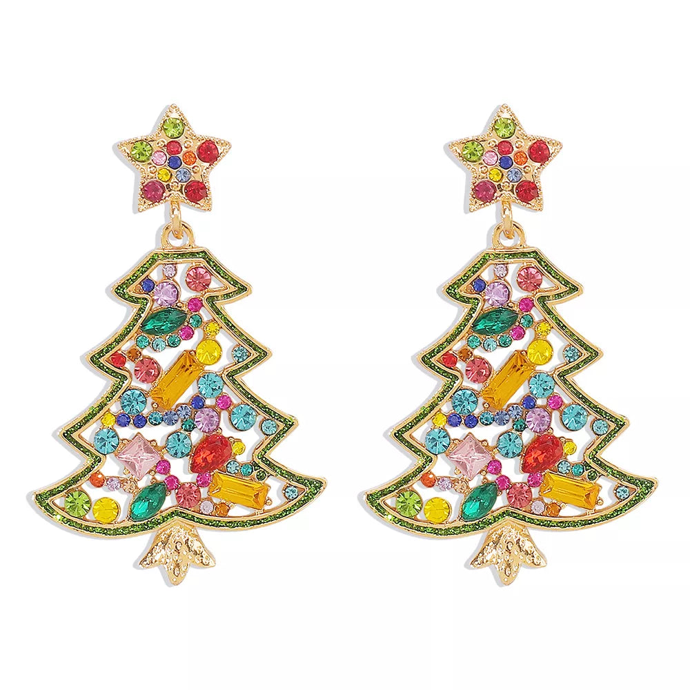 Festive dangle earrings with colorful rhinestones in a Christmas tree shape and star topper.