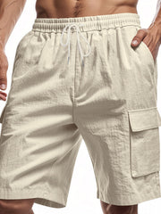 Men's khaki cargo shorts with elastic waistband and drawstring, featuring side pockets and cargo pockets.