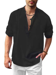 Black linen henley shirt with mandarin collar and button placket, roll-up sleeves.