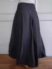 Black maternity trousers with smocked waist and flowing wide legs