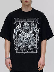 Black cotton blend crew neck tee with edgy vintage skeleton graphic and band logo.