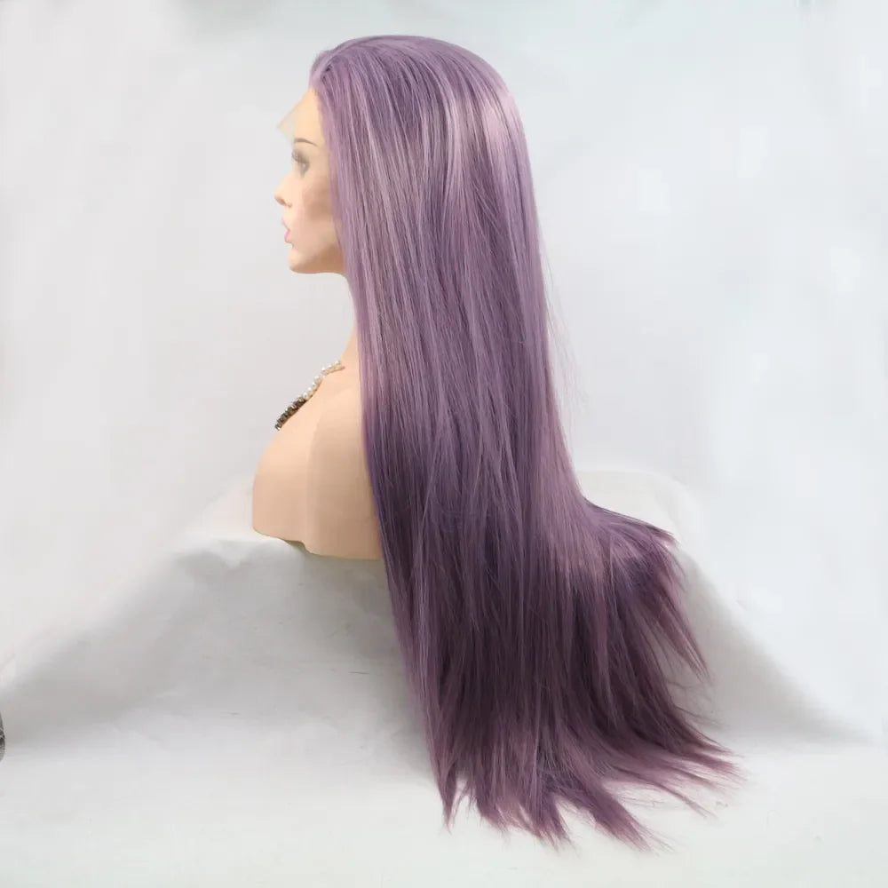 Lavender Luxe lace front wig with straight silhouette and long purple hair.