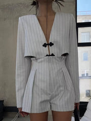 Pinstripe Cropped Blazer And Pleated Shorts Set in Light Gray, side view