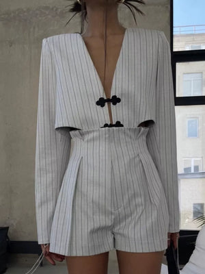 Pinstripe Cropped Blazer And Pleated Shorts Set in Light Gray, side view