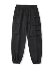 Black relaxed fit cargo pants with multiple pockets and elastic cuffs.