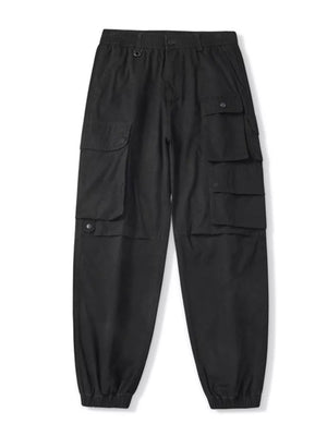 Black relaxed fit cargo pants with multiple pockets and elastic cuffs.