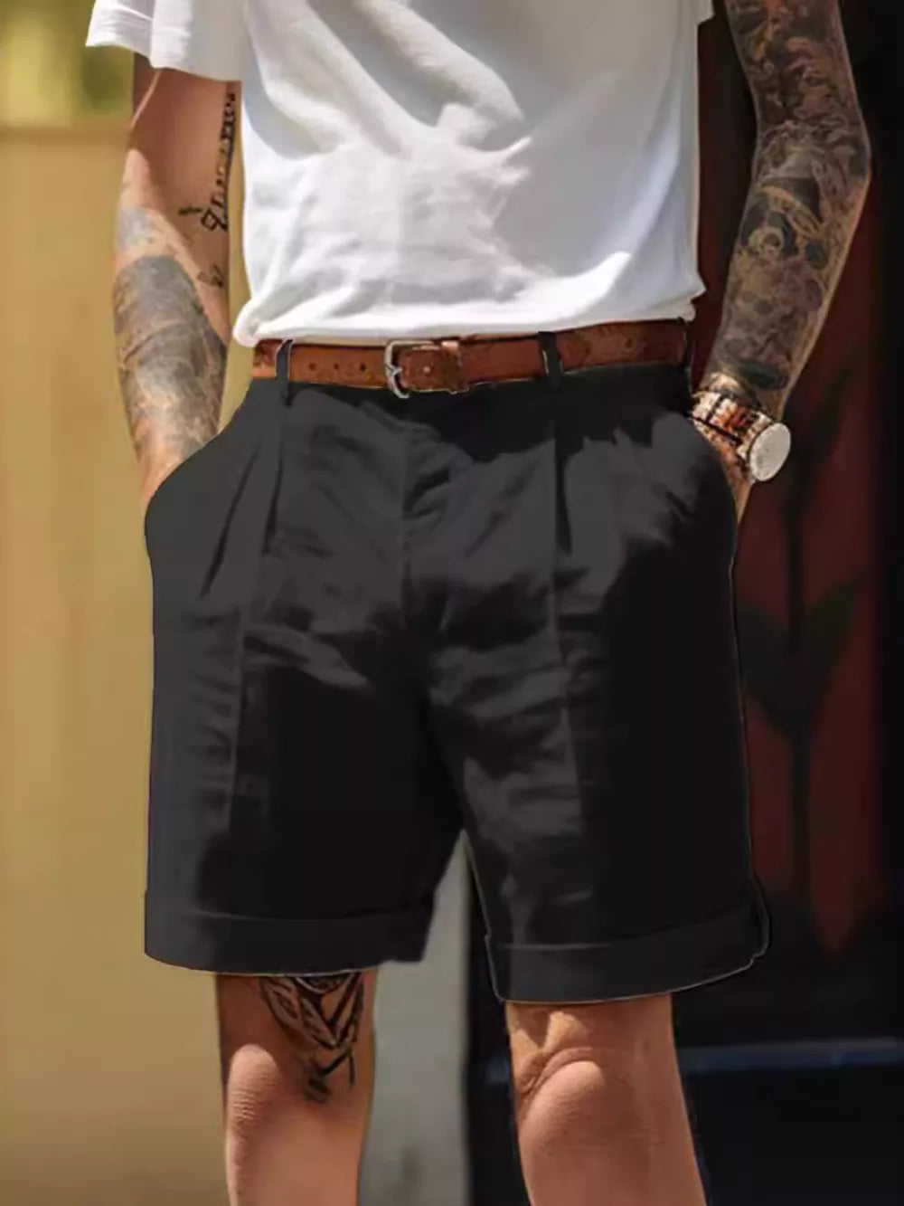 Men's Classic Pleated Full Size Shorts Plus Size in Black, close-up detail