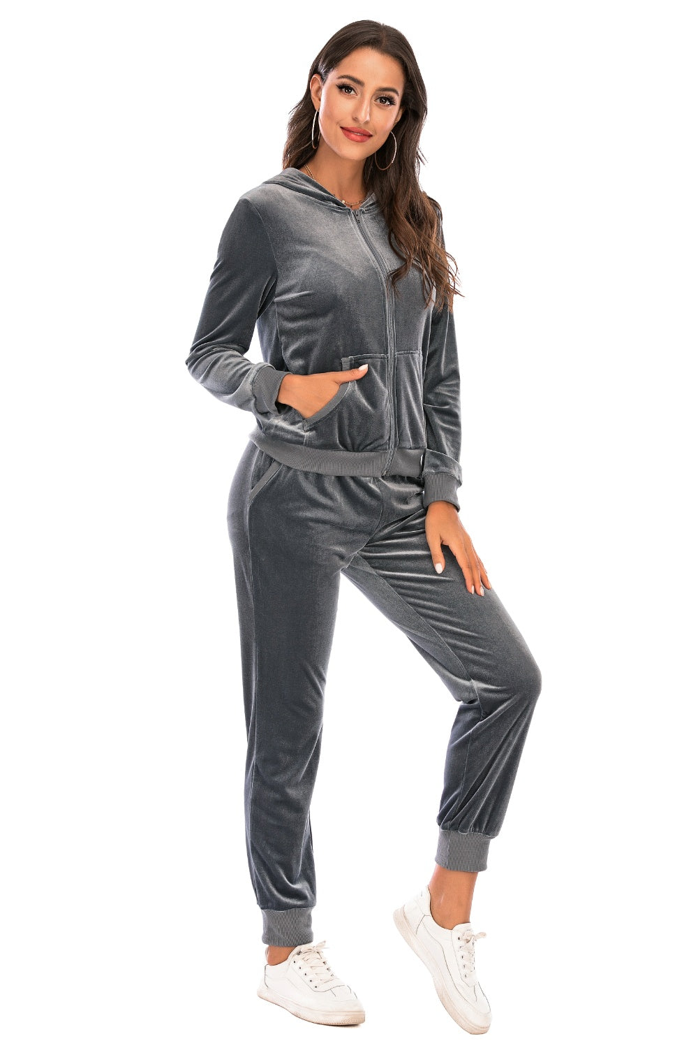 Velvet loungewear set in charcoal with zip-up hoodie and jogger pants.
